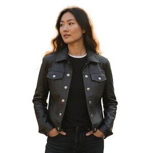 AMIRI Womens black leather trucker jacket size 40 small silver buttons